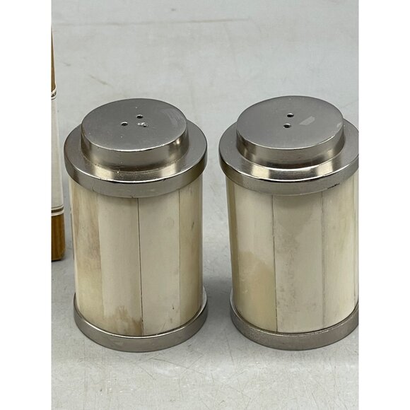 pottery barn tabletop bone inlay salt & pepper shakers set white silver READ NEW - Picture 2 of 5